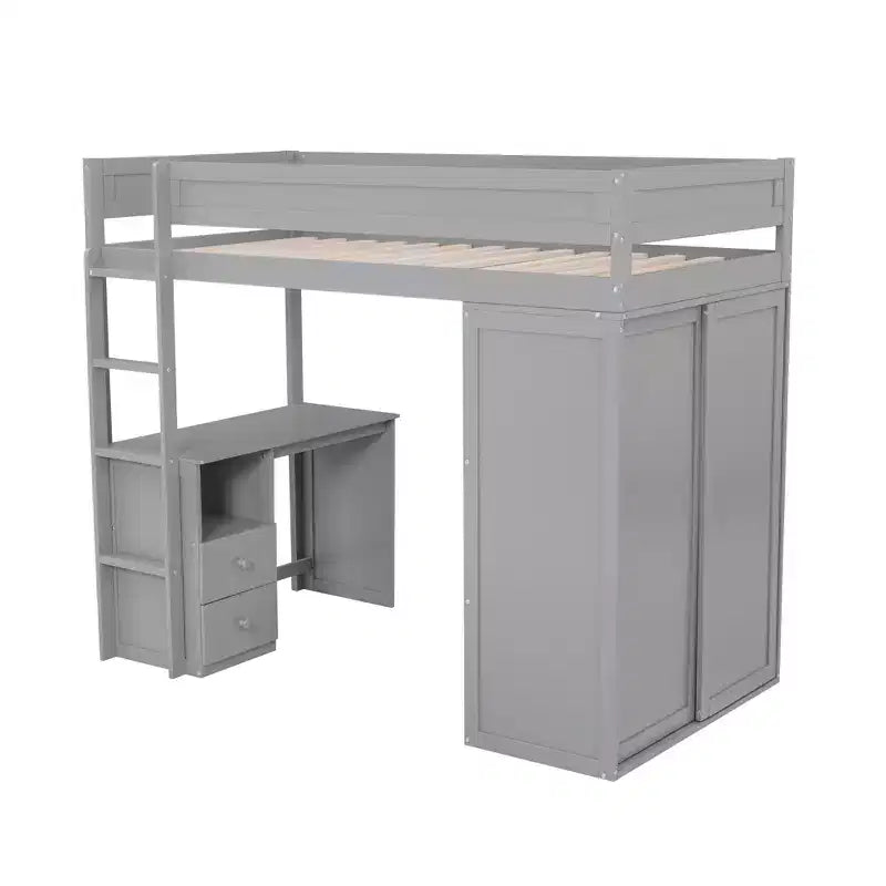 Lit mezzanine Phillips avec armoires et bureau 2 tiroirs avec meuble de rangement