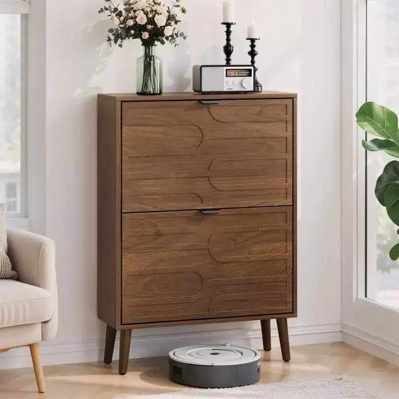 Meuble à Chaussures Noyer, Range-Chaussures Moderne Style Ferme avec Tiroirs Basculants, Étagères Réglables et Dispositif Anti-Basculement, 80cm/60cm