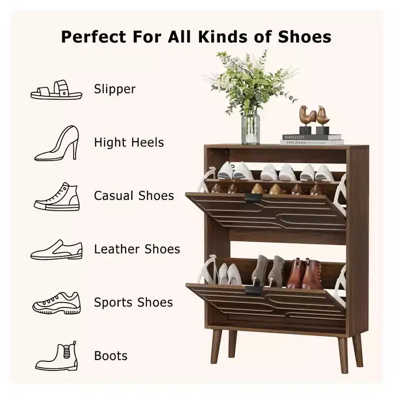 Meuble à Chaussures Noyer, Range-Chaussures Moderne Style Ferme avec Tiroirs Basculants, Étagères Réglables et Dispositif Anti-Basculement, 80cm/60cm