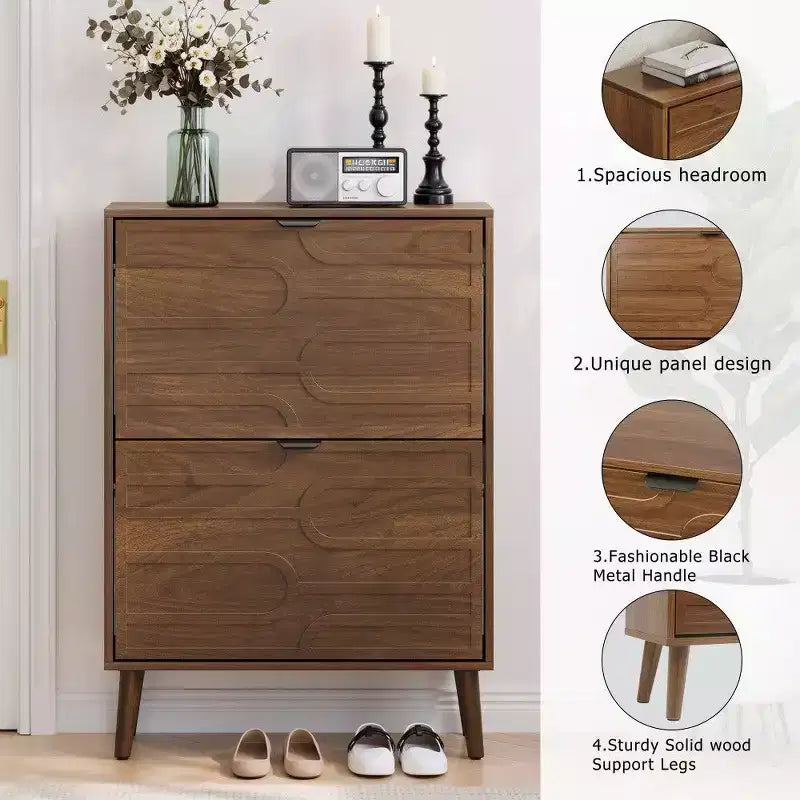 Meuble à Chaussures Noyer, Range-Chaussures Moderne Style Ferme avec Tiroirs Basculants, Étagères Réglables et Dispositif Anti-Basculement, 80cm/60cm