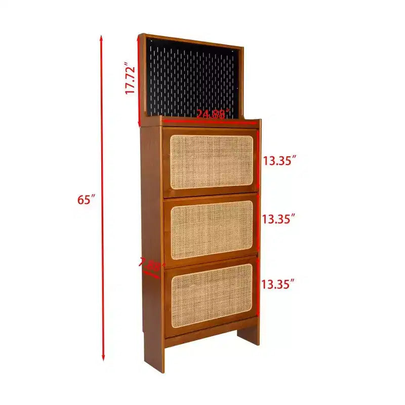 Meuble à chaussures en rotin et noyer avec 3 tiroirs basculants et panneau perforé, 65 po de hauteur, rangement étroit pour entrée avec dispositif anti-basculement