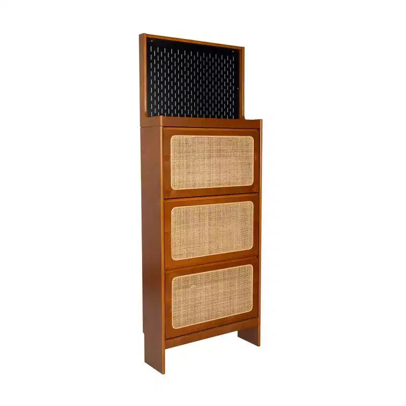 Meuble à chaussures en rotin et noyer avec 3 tiroirs basculants et panneau perforé, 65 po de hauteur, rangement étroit pour entrée avec dispositif anti-basculement