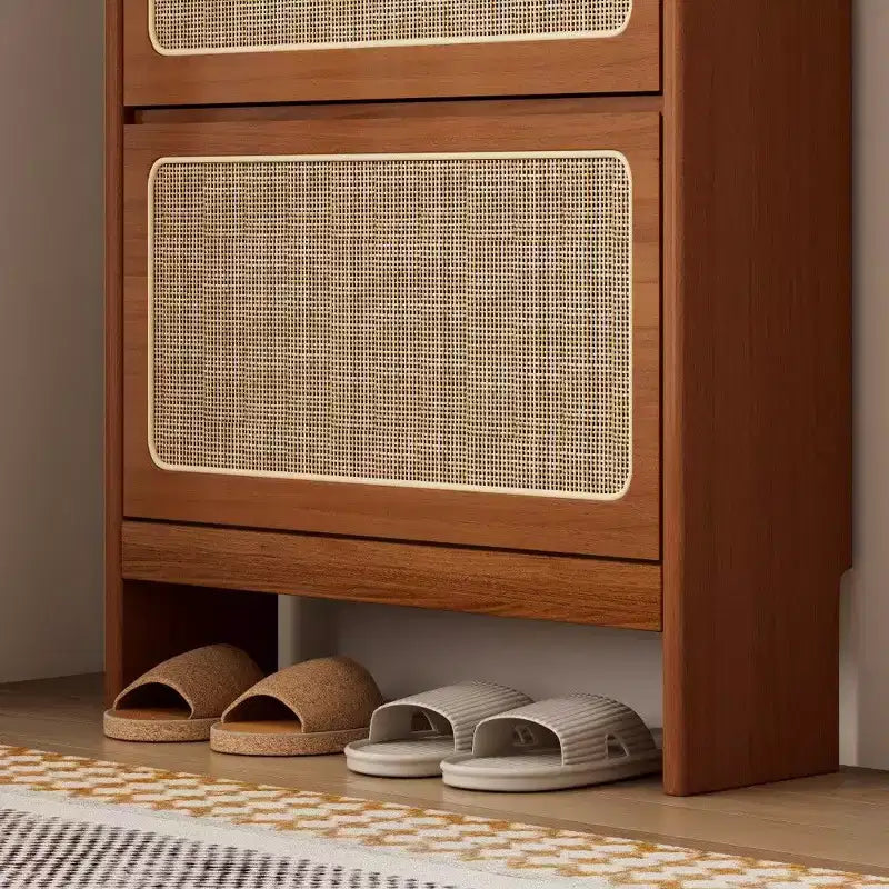 Meuble à chaussures en rotin et noyer avec 3 tiroirs basculants et panneau perforé, 65 po de hauteur, rangement étroit pour entrée avec dispositif anti-basculement