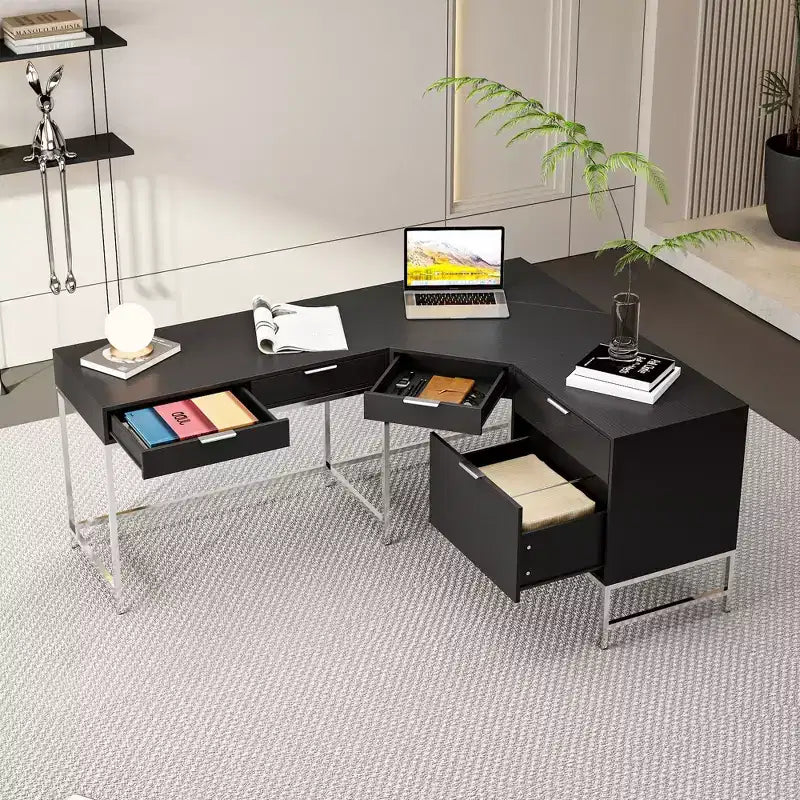 Bureau d'angle en L, poste de travail domestique/commercial, cadre en métal + 5 tiroirs + capacité de charge de 68 kg, bureau d'écriture d'angle