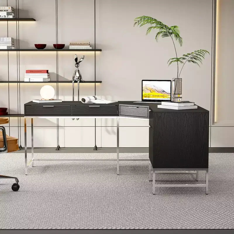 Bureau d'angle en L, poste de travail domestique/commercial, cadre en métal + 5 tiroirs + capacité de charge de 68 kg, bureau d'écriture d'angle