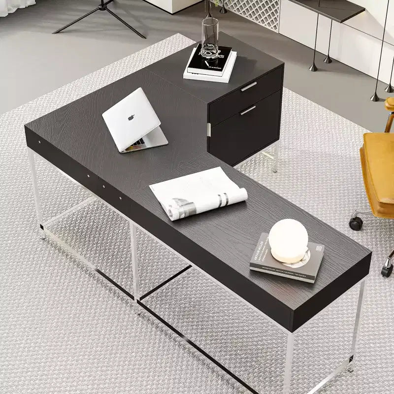 Bureau d'angle en L, poste de travail domestique/commercial, cadre en métal + 5 tiroirs + capacité de charge de 68 kg, bureau d'écriture d'angle