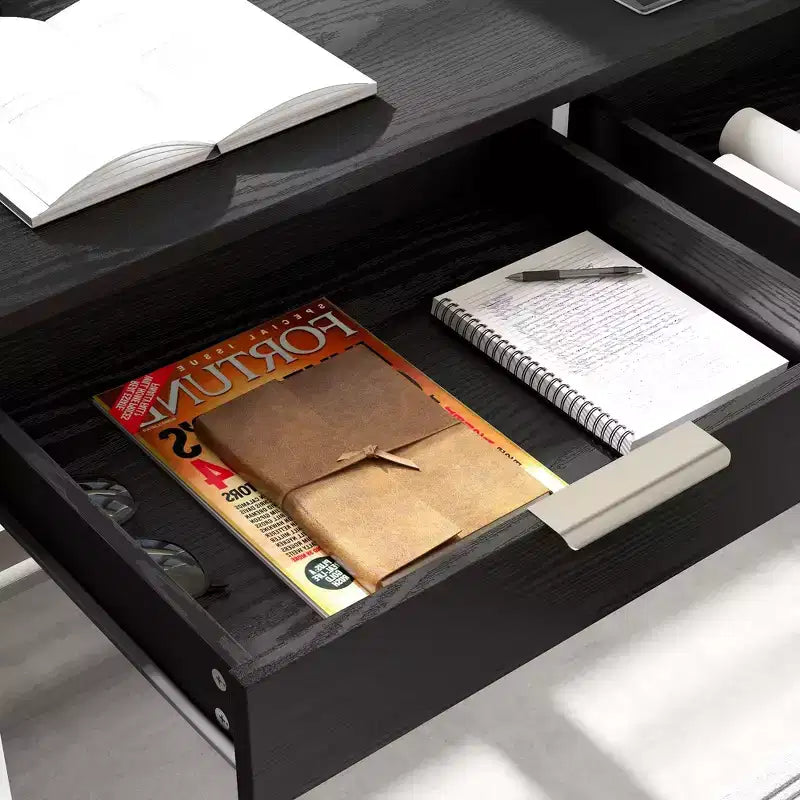 Bureau d'angle en L, poste de travail domestique/commercial, cadre en métal + 5 tiroirs + capacité de charge de 68 kg, bureau d'écriture d'angle