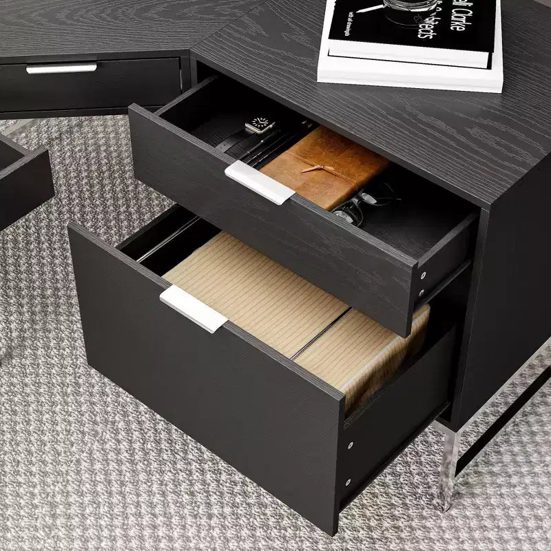 Bureau d'angle en L, poste de travail domestique/commercial, cadre en métal + 5 tiroirs + capacité de charge de 68 kg, bureau d'écriture d'angle