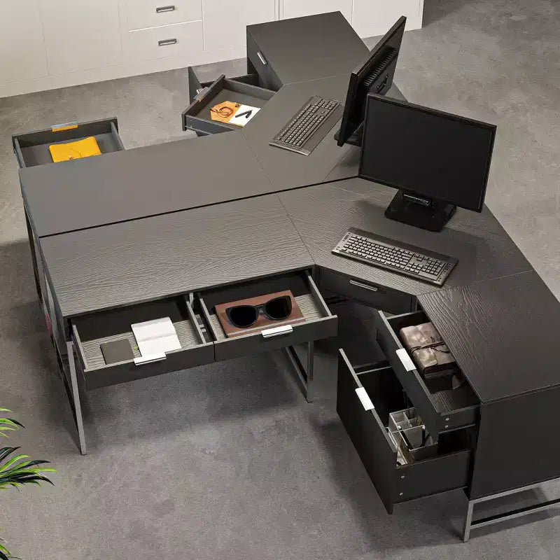 Bureau d'angle en L, poste de travail domestique/commercial, cadre en métal + 5 tiroirs + capacité de charge de 68 kg, bureau d'écriture d'angle