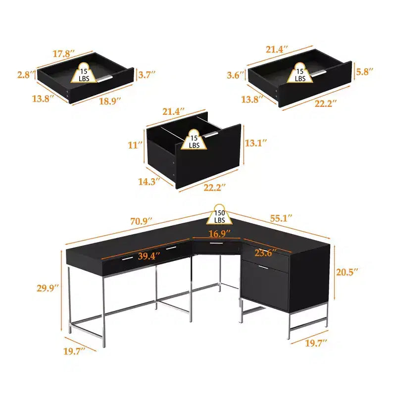 Bureau d'angle en L, poste de travail domestique/commercial, cadre en métal + 5 tiroirs + capacité de charge de 68 kg, bureau d'écriture d'angle