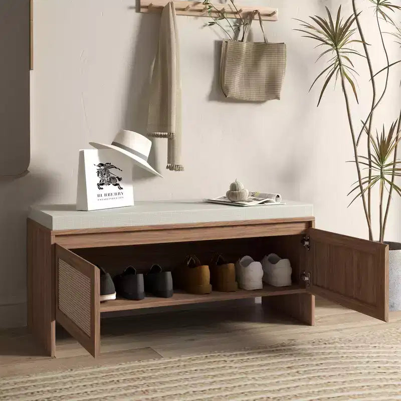 Banc de rangement pour chaussures d'entrée avec portes en faux rotin, siège d'entrée en bois avec coussin, armoire à chaussures anti-poussière pour chambre à coucher, salon, marron