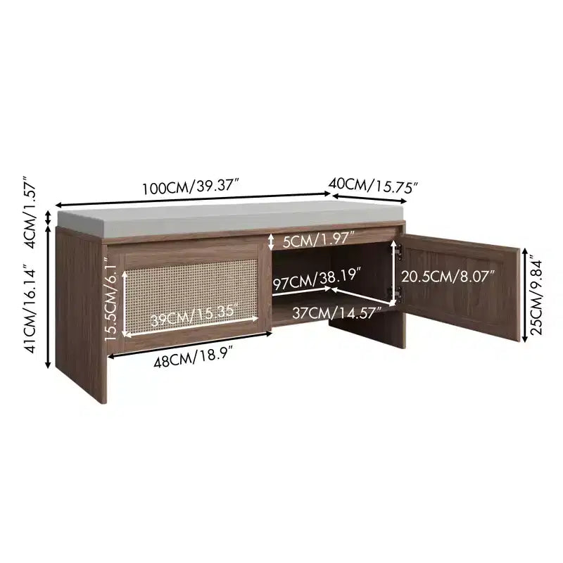 Banc de rangement pour chaussures d'entrée avec portes en faux rotin, siège d'entrée en bois avec coussin, armoire à chaussures anti-poussière pour chambre à coucher, salon, marron