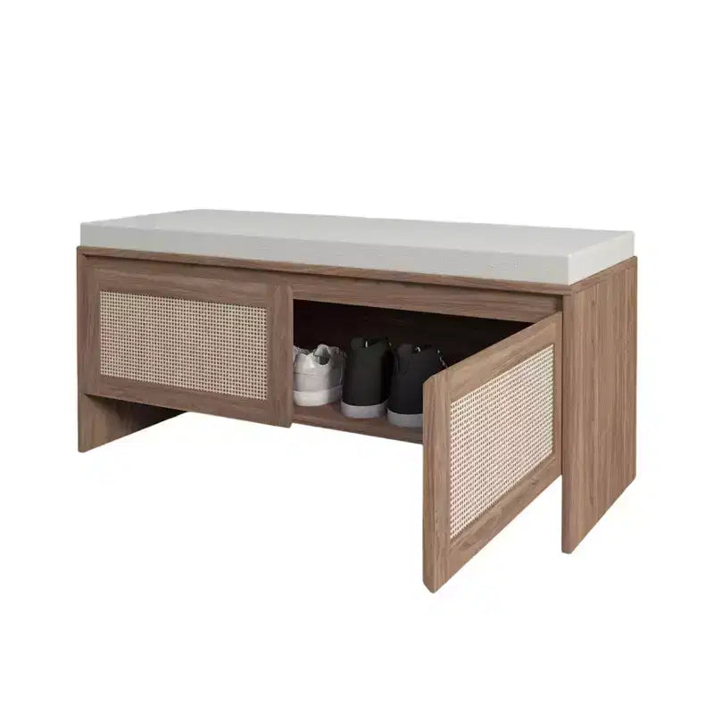 Banc de rangement pour chaussures d'entrée avec portes en faux rotin, siège d'entrée en bois avec coussin, armoire à chaussures anti-poussière pour chambre à coucher, salon, marron