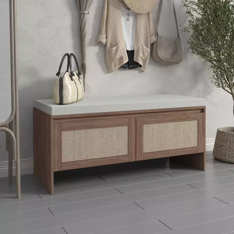 Banc de rangement pour chaussures d'entrée avec portes en faux rotin, siège d'entrée en bois avec coussin, armoire à chaussures anti-poussière pour chambre à coucher, salon, marron