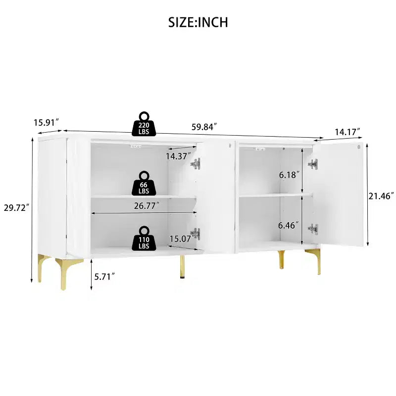 Buffet bahut moderne blanc de 60 po, buffet en bois à 4 portes avec texture palmier sculptée en 3D et pieds dorés