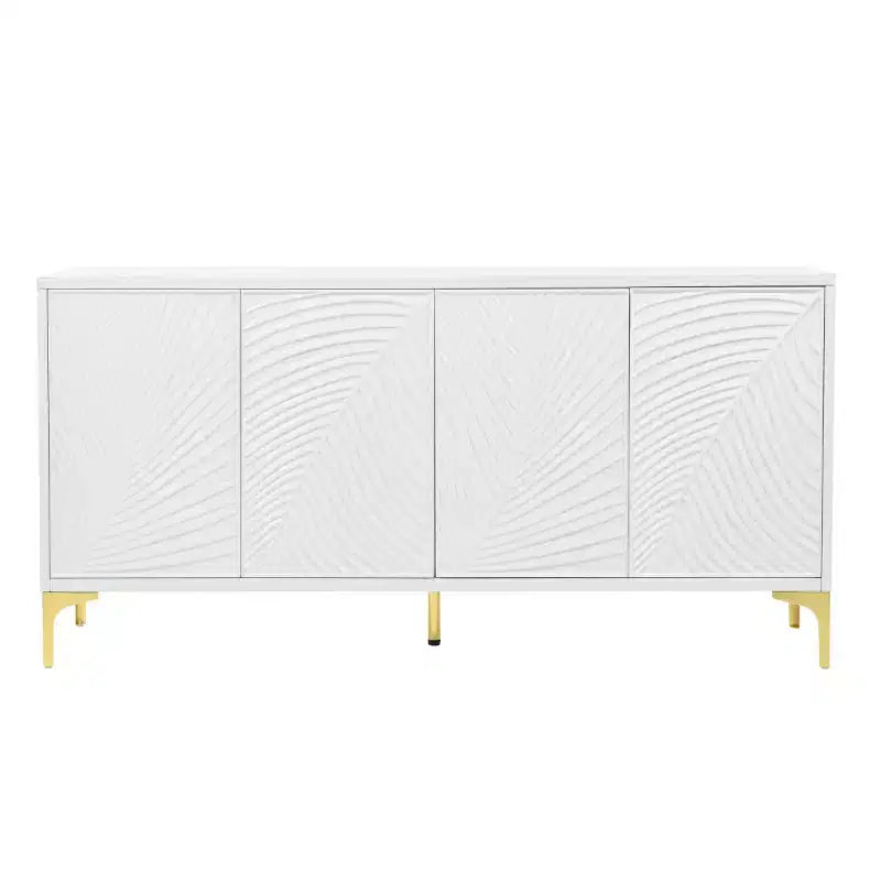 Buffet bahut moderne blanc de 60 po, buffet en bois à 4 portes avec texture palmier sculptée en 3D et pieds dorés