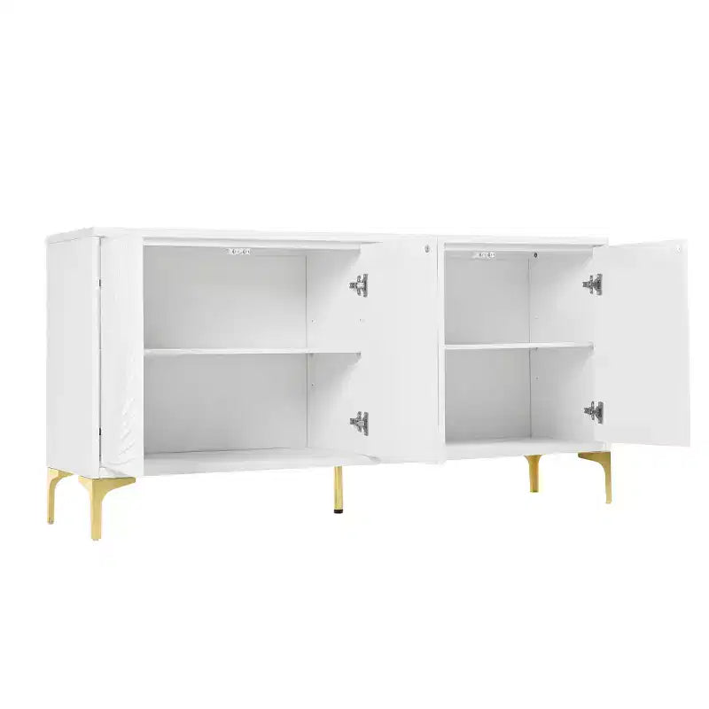 Buffet bahut moderne blanc de 60 po, buffet en bois à 4 portes avec texture palmier sculptée en 3D et pieds dorés