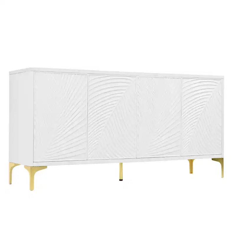 Buffet bahut moderne blanc de 60 po, buffet en bois à 4 portes avec texture palmier sculptée en 3D et pieds dorés
