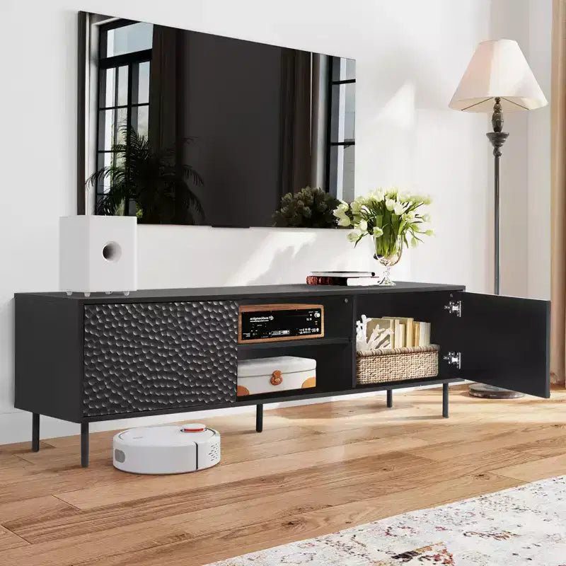 Meuble TV moderne avec étagères réglables et motif alvéolé