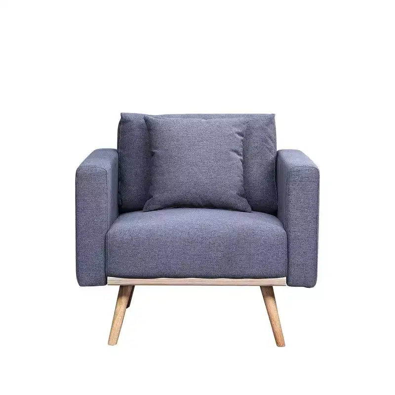 Fauteuil d'appoint, fauteuil en tissu de lin gris avec coussin décoratif, ports de charge USB, poches latérales, pieds en bois massif, fauteuil simple pour salon