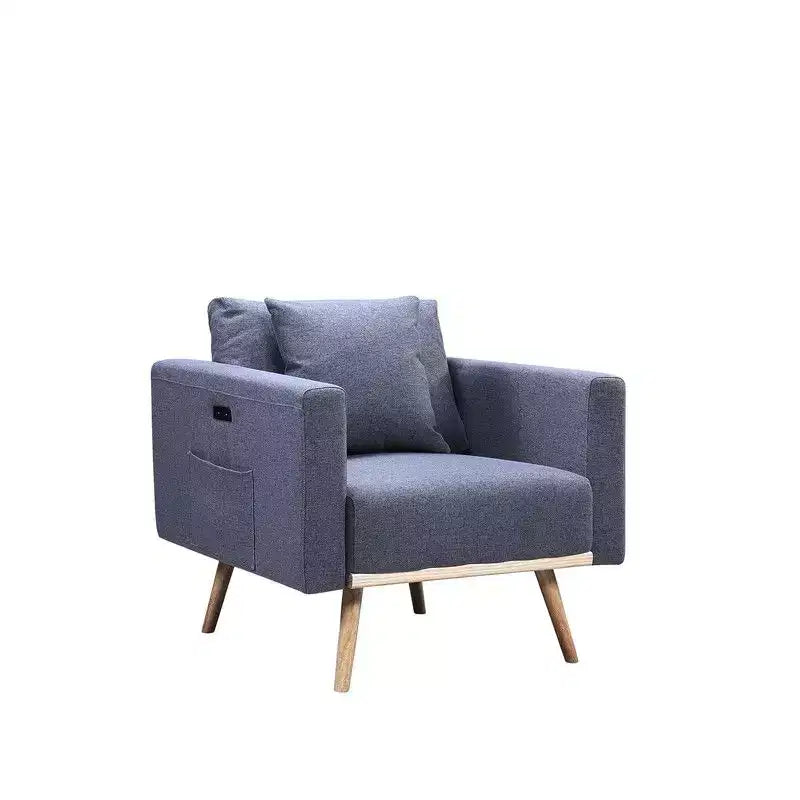 Fauteuil d'appoint, fauteuil en tissu de lin gris avec coussin décoratif, ports de charge USB, poches latérales, pieds en bois massif, fauteuil simple pour salon