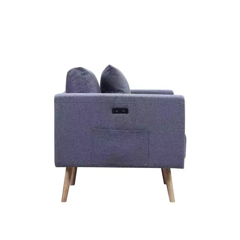 Fauteuil d'appoint, fauteuil en tissu de lin gris avec coussin décoratif, ports de charge USB, poches latérales, pieds en bois massif, fauteuil simple pour salon