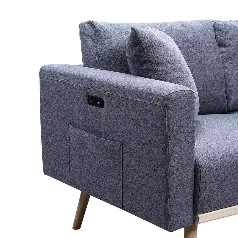 Fauteuil d'appoint, fauteuil en tissu de lin gris avec coussin décoratif, ports de charge USB, poches latérales, pieds en bois massif, fauteuil simple pour salon