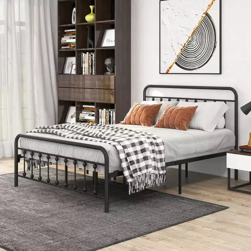 Cadre de lit plateforme en métal Queen Size avec tête de lit/pied de lit, rangement sous le lit, pas besoin de sommier tapissier, noir