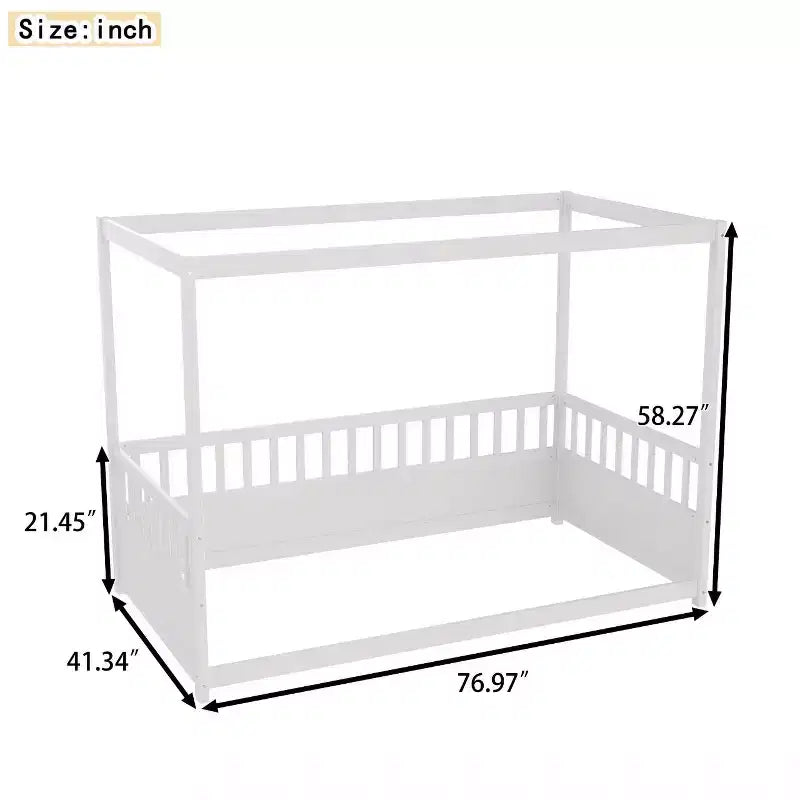 Lit de plancher double/complet à baldaquin avec barrières de sécurité, Lits à baldaquin en bois pour chambre d'enfants, Chambre à coucher