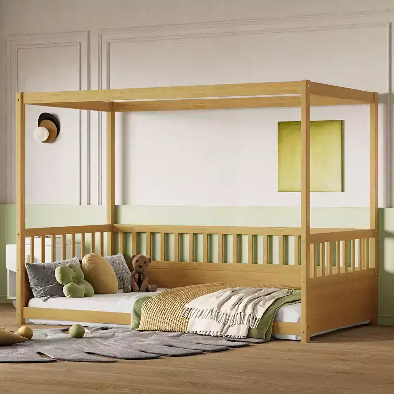 Lit de plancher double/complet à baldaquin avec barrières de sécurité, Lits à baldaquin en bois pour chambre d'enfants, Chambre à coucher