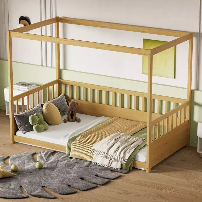 Lit de plancher double/complet à baldaquin avec barrières de sécurité, Lits à baldaquin en bois pour chambre d'enfants, Chambre à coucher