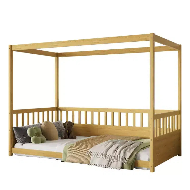 Lit de plancher double/complet à baldaquin avec barrières de sécurité, Lits à baldaquin en bois pour chambre d'enfants, Chambre à coucher