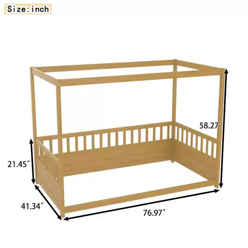 Lit de plancher double/complet à baldaquin avec barrières de sécurité, Lits à baldaquin en bois pour chambre d'enfants, Chambre à coucher