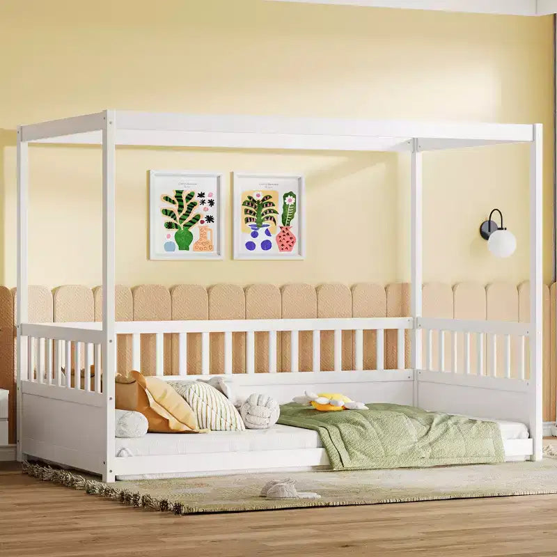 Lit de plancher double/complet à baldaquin avec barrières de sécurité, Lits à baldaquin en bois pour chambre d'enfants, Chambre à coucher
