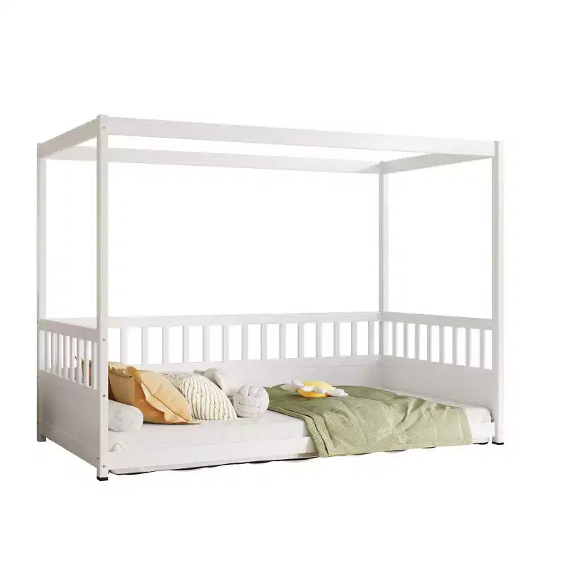 Lit de plancher double/complet à baldaquin avec barrières de sécurité, Lits à baldaquin en bois pour chambre d'enfants, Chambre à coucher