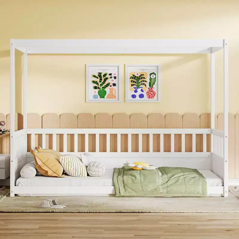 Lit de plancher double/complet à baldaquin avec barrières de sécurité, Lits à baldaquin en bois pour chambre d'enfants, Chambre à coucher