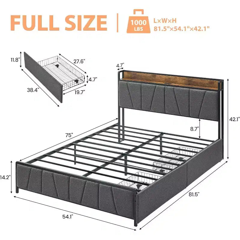 Cadre de lit plateforme rembourré avec tiroirs de rangement et tête de lit de chargement - Lit simple, double, queen ou king size, gris