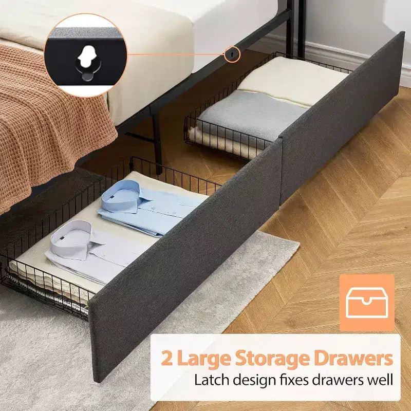 Cadre de lit plateforme rembourré avec tiroirs de rangement et tête de lit de chargement - Lit simple, double, queen ou king size, gris