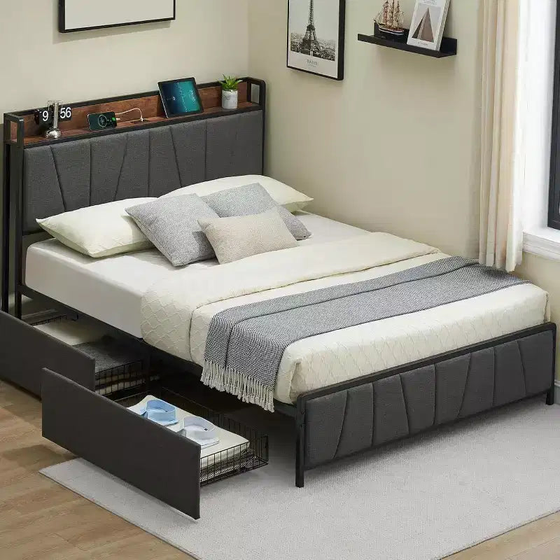 Cadre de lit plateforme rembourré avec tiroirs de rangement et tête de lit de chargement - Lit simple, double, queen ou king size, gris