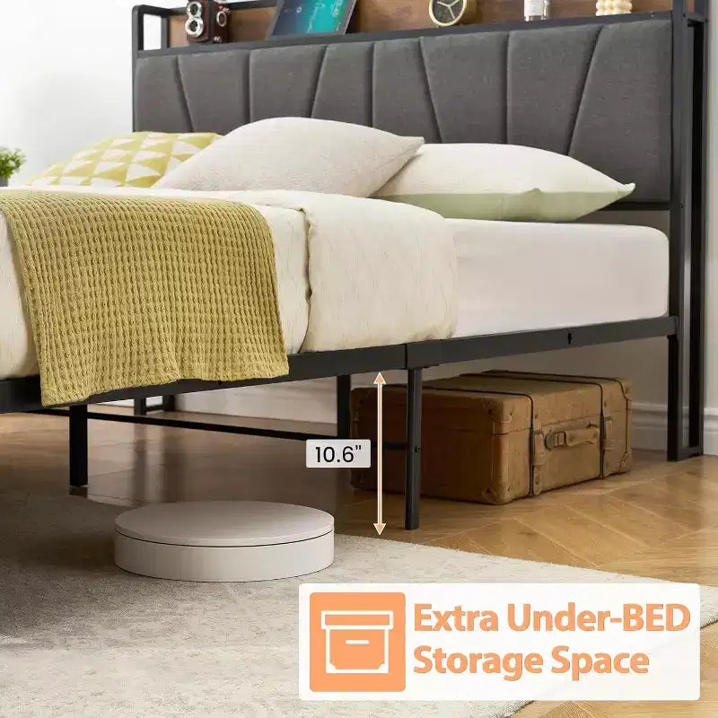 Cadre de lit plateforme rembourré avec tiroirs de rangement et tête de lit de chargement - Lit simple, double, queen ou king size, gris