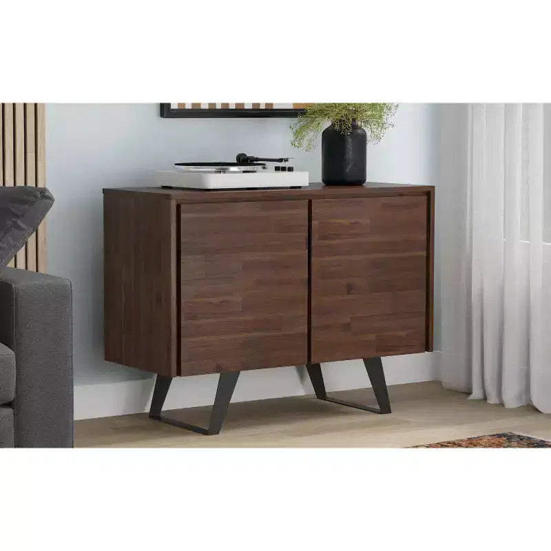 BUFFET 2 PORTES EN BOIS D'ACACIA MASSIF, 104 cm de Large, Rectangulaire, Moderne Industriel, Marron Charbon Vieilli