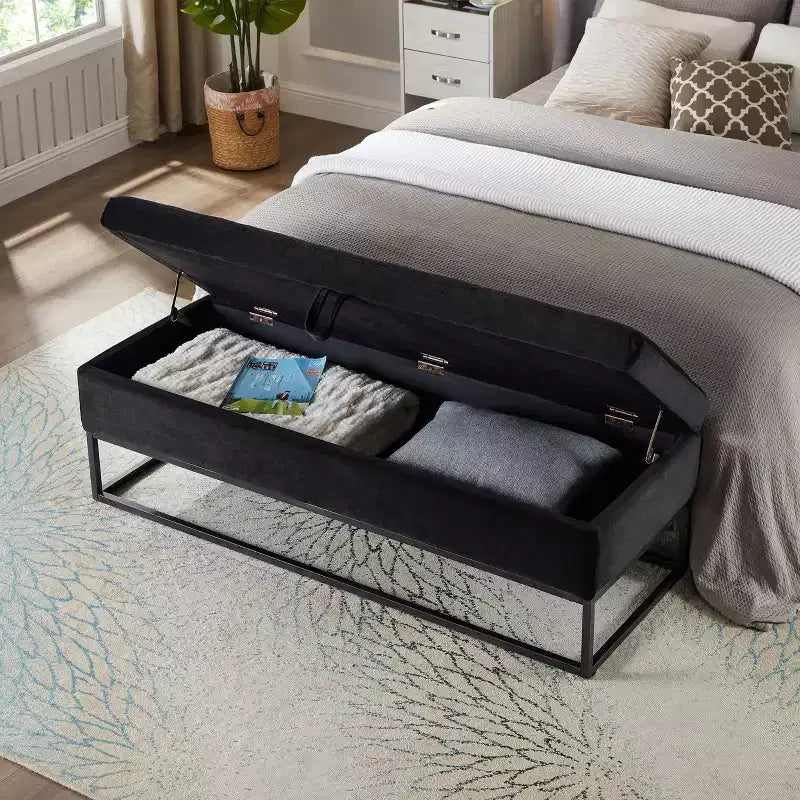 Banc de rangement de 148,8 cm avec base en métal et grand espace de rangement, banc d'entrée capitonné, banc de bout de lit pour salon, chambre