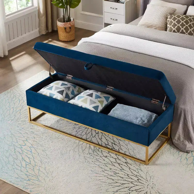 Banc de rangement de 148,8 cm avec base en métal et grand espace de rangement, banc d'entrée capitonné, banc de bout de lit pour salon, chambre