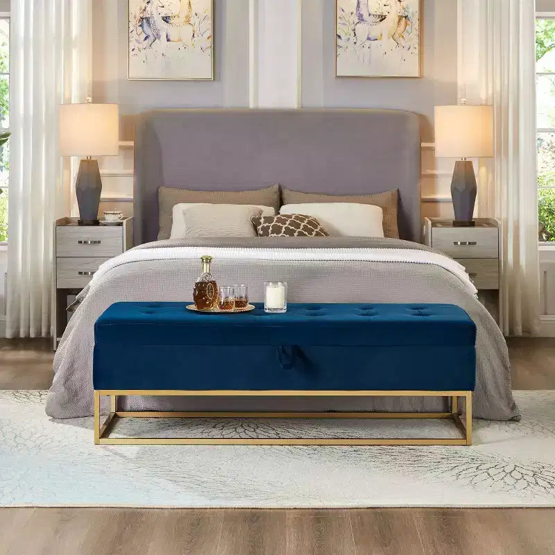 Banc de rangement de 148,8 cm avec base en métal et grand espace de rangement, banc d'entrée capitonné, banc de bout de lit pour salon, chambre