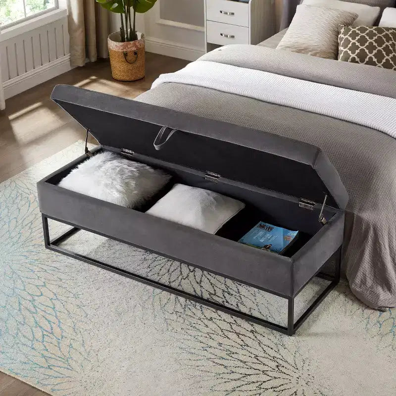 Banc de rangement de 148,8 cm avec base en métal et grand espace de rangement, banc d'entrée capitonné, banc de bout de lit pour salon, chambre