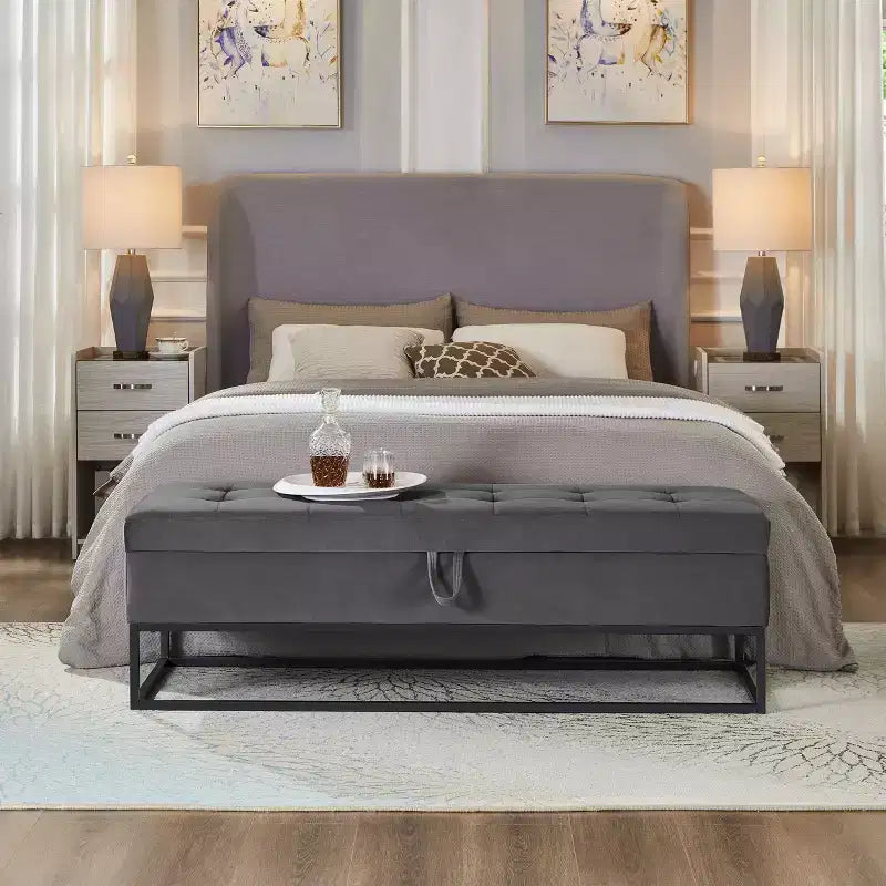 Banc de rangement de 148,8 cm avec base en métal et grand espace de rangement, banc d'entrée capitonné, banc de bout de lit pour salon, chambre