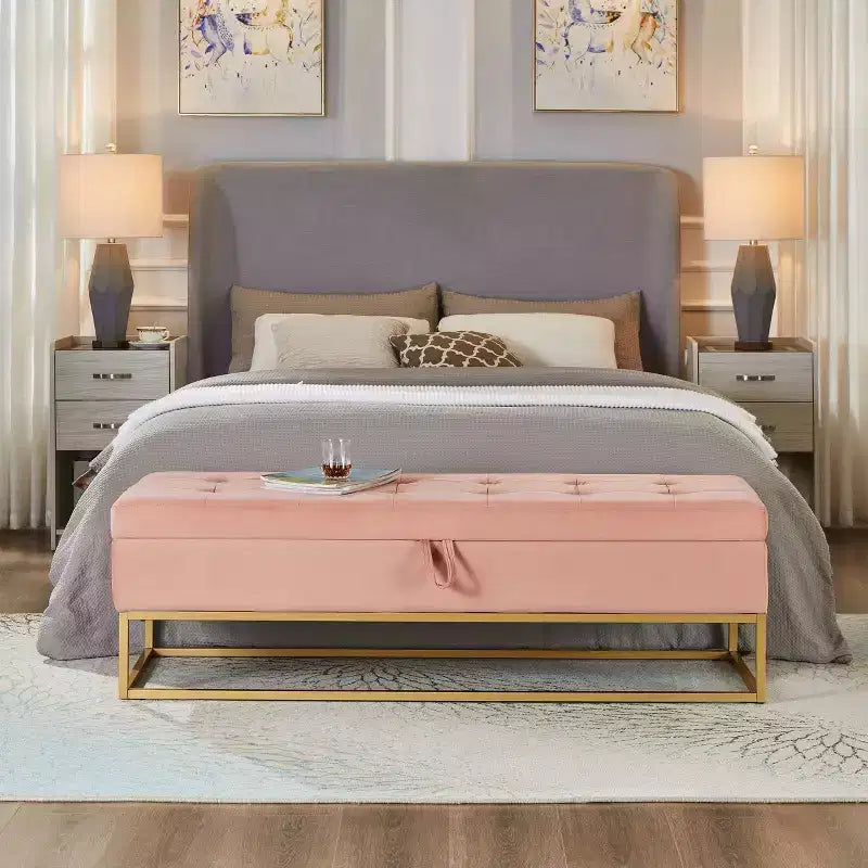 Banc de rangement de 148,8 cm avec base en métal et grand espace de rangement, banc d'entrée capitonné, banc de bout de lit pour salon, chambre