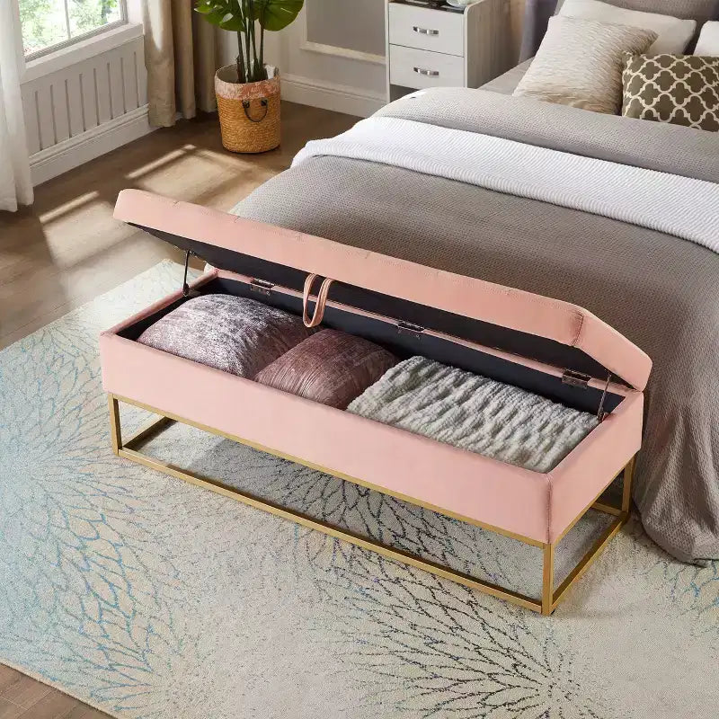 Banc de rangement de 148,8 cm avec base en métal et grand espace de rangement, banc d'entrée capitonné, banc de bout de lit pour salon, chambre