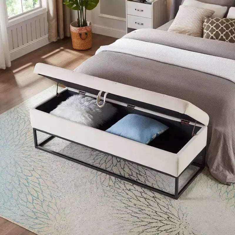 Banc de rangement de 148,8 cm avec base en métal et grand espace de rangement, banc d'entrée capitonné, banc de bout de lit pour salon, chambre