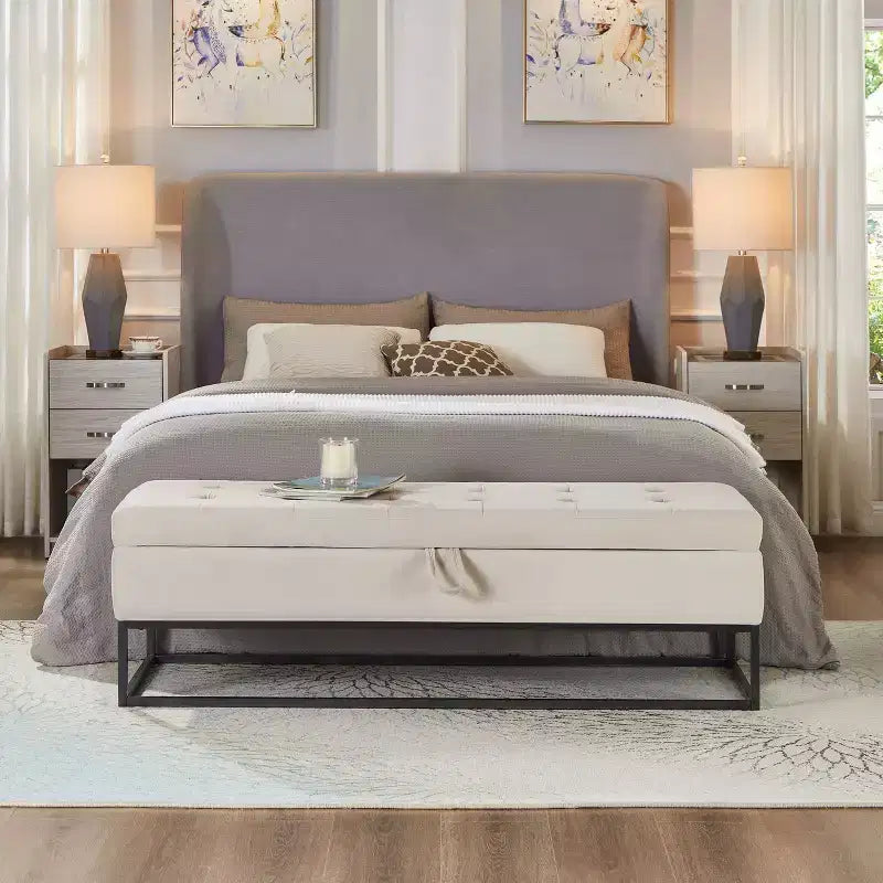 Banc de rangement de 148,8 cm avec base en métal et grand espace de rangement, banc d'entrée capitonné, banc de bout de lit pour salon, chambre